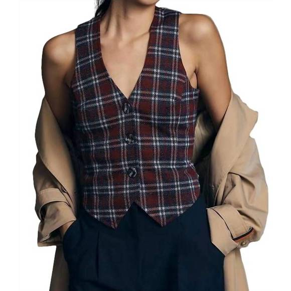 NEW EVA FRANCO plaid button-front vest in navy - Picture 1 of 4